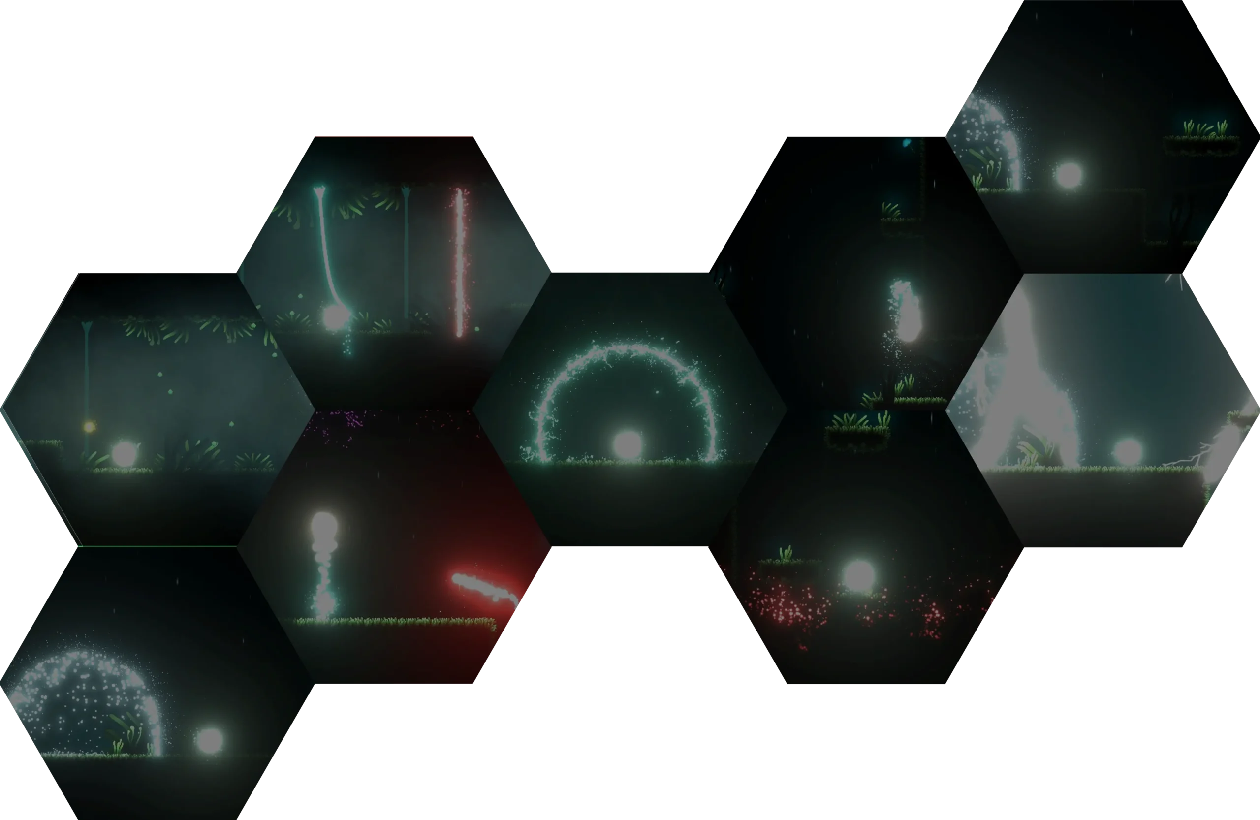 <Hexagonal pattern containing many different images that are featured across the site